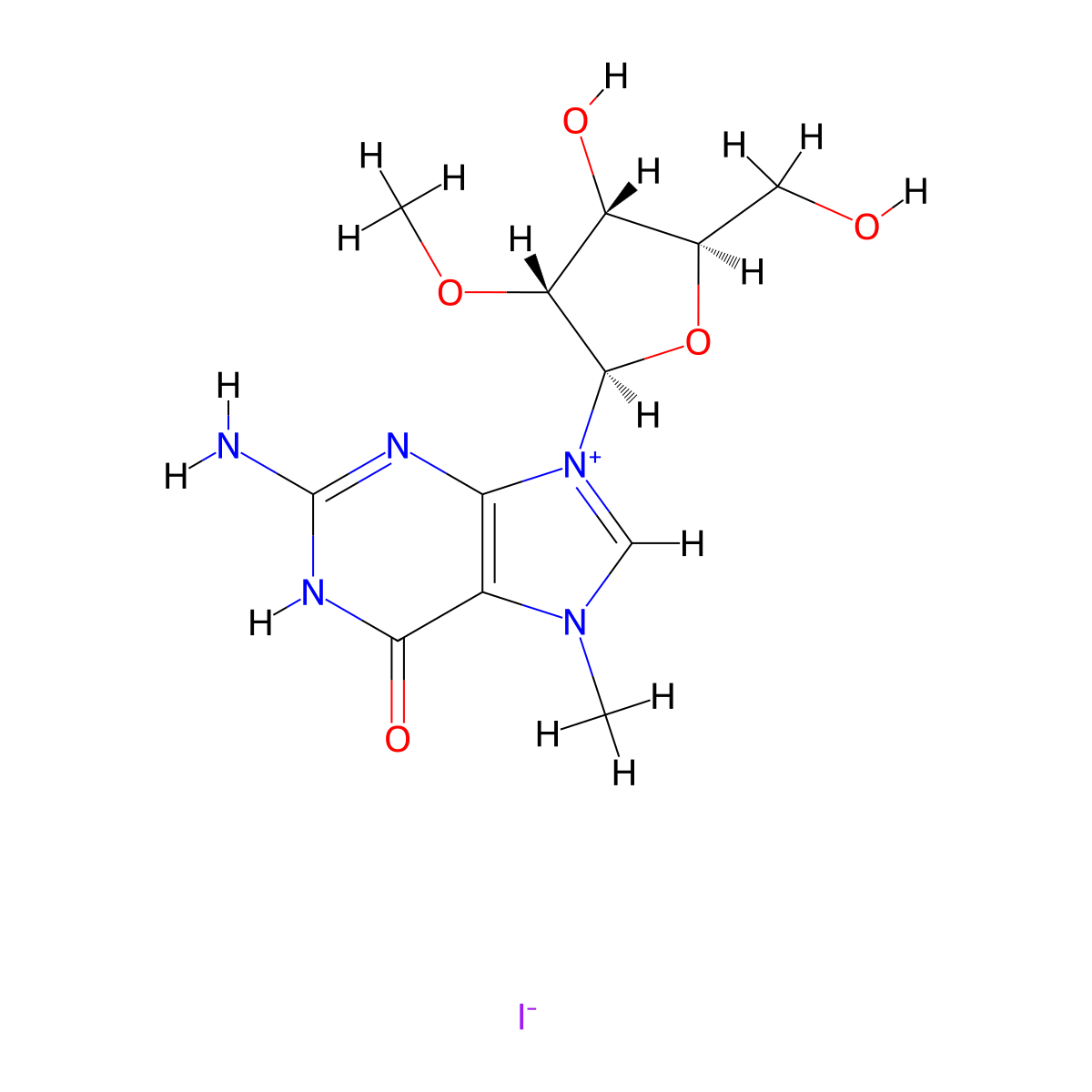 2-amino-9-[(2R,3R,4R,5R)-4-hydroxy-5-(hydroxymethyl)-3-methoxyoxolan-2-yl]-7-methyl-1H-purin-9-ium-6-one iodide molecular structure, CAS 1093268-98-4