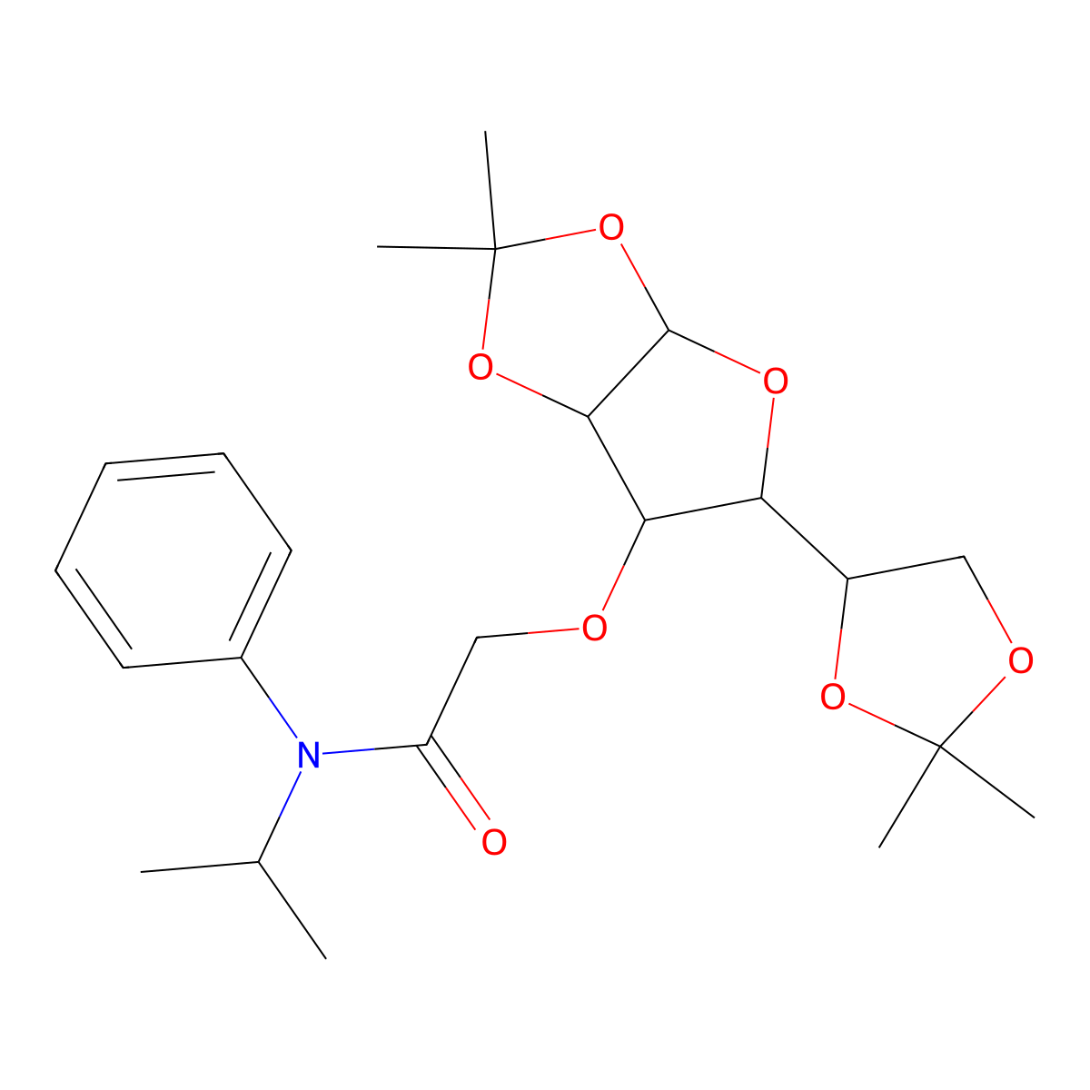 2-((5-(2,2-dimethyl-1,3-dioxolan-4-yl)-2,2-dimethyltetrahydrofuro[2,3-d][1,3]dioxol-6-yl)oxy)-N-isopropyl-N-phenylacetamide molecular structure, CAS 1093405-77-6