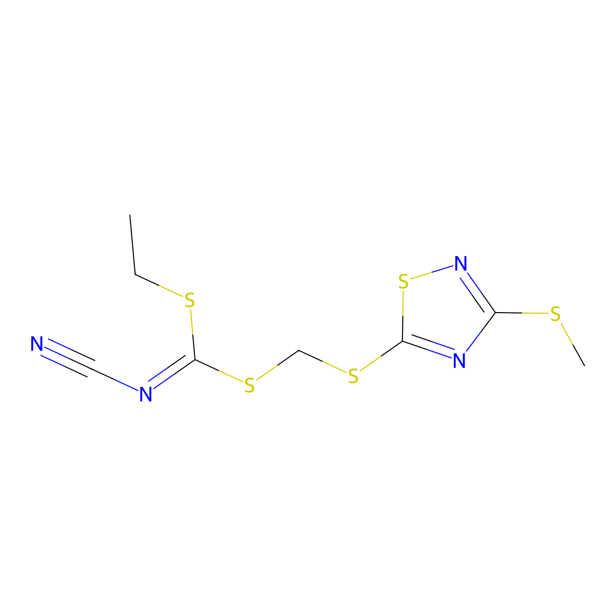 [Ethylsulfanyl-[(3-methylsulfanyl-1,2,4-thiadiazol-5-yl)sulfanylmethylsulfanyl]methylidene]cyanamide molecular structure, CAS 109348-94-9