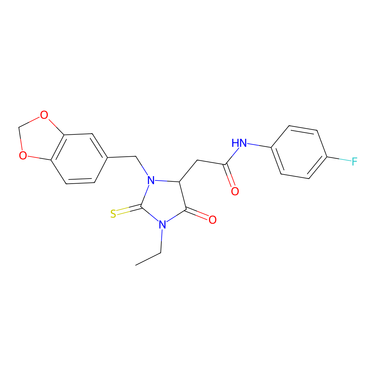 2-[3-(1,3-benzodioxol-5-ylmethyl)-1-ethyl-5-oxo-2-thioxoimidazolidin-4-yl]-N-(4-fluorophenyl)acetamide molecular structure, CAS 1093633-45-4