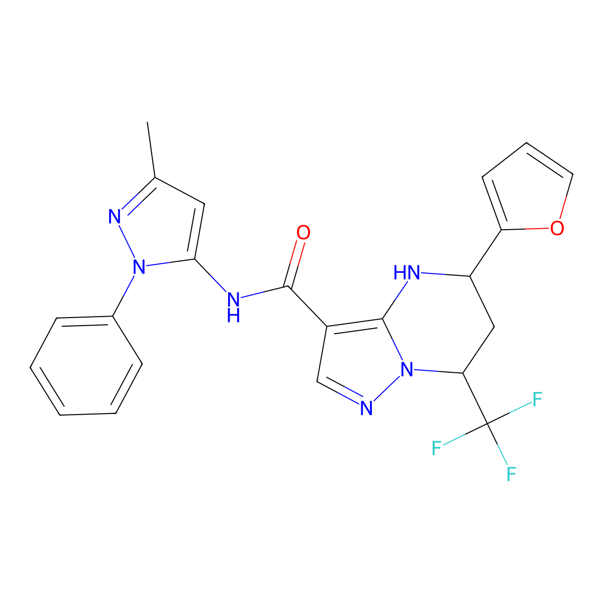 5-(furan-2-yl)-N-(3-methyl-1-phenyl-1H-pyrazol-5-yl)-7-(trifluoromethyl)-4,5,6,7-tetrahydropyrazolo[1,5-a]pyrimidine-3-carboxamide molecular structure, CAS 1093639-24-7