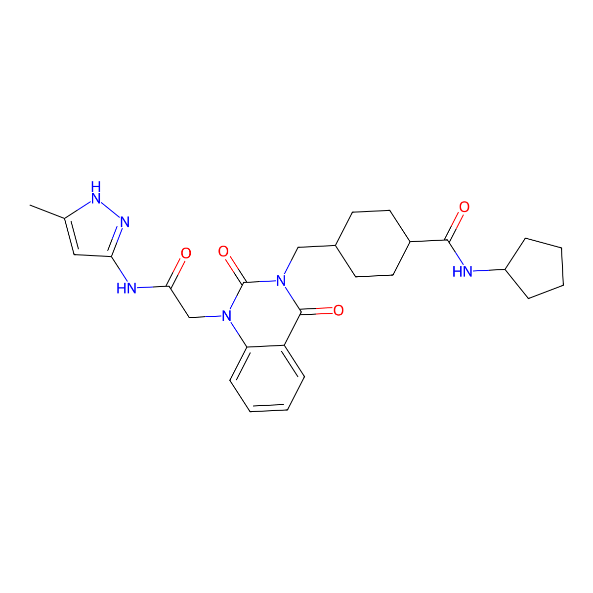 N-Cyclopentyl-4-[(1-{[(5-methyl-1H-pyrazol-3-YL)carbamoyl]methyl}-2,4-dioxo-1,2,3,4-tetrahydroquinazolin-3-YL)methyl]cyclohexane-1-carboxamide molecular structure, CAS 1093659-02-9