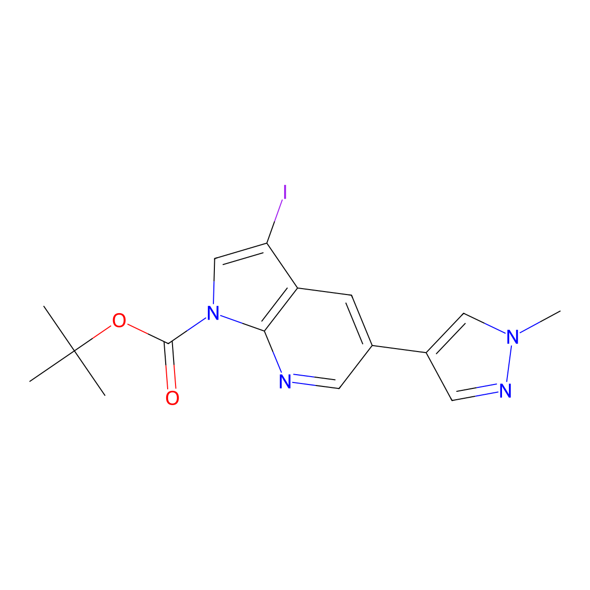 Tert-butyl 3-iodo-5-(1-methyl-1H-pyrazol-4-YL)-1H-pyrrolo[2,3-B]pyridine-1-carboxylate molecular structure, CAS 1093676-94-8