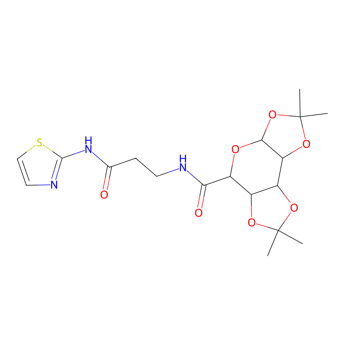 2,2,7,7-tetramethyl-N-(3-oxo-3-(thiazol-2-ylamino)propyl)tetrahydro-3aH-bis([1,3]dioxolo)[4,5-b:4',5'-d]pyran-5-carboxamide molecular structure, CAS 1093730-59-6