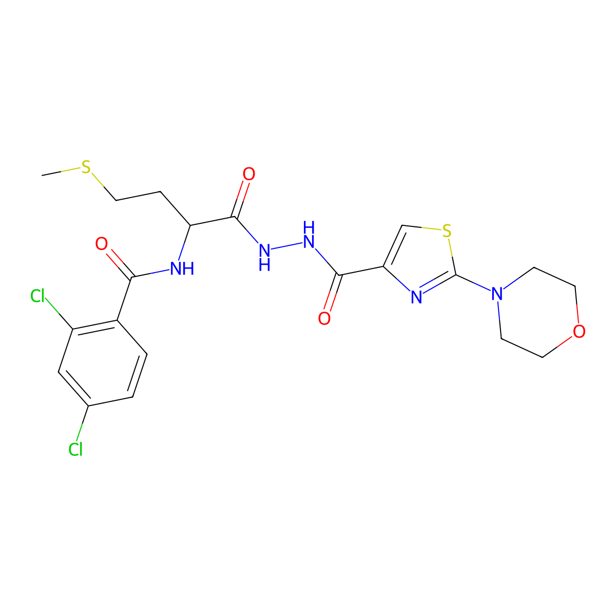 2,4-Dichloro-N-(4-(methylthio)-1-(2-(2-morpholinothiazole-4-carbonyl)hydrazinyl)-1-oxobutan-2-yl)benzamide molecular structure, CAS 1093780-94-9