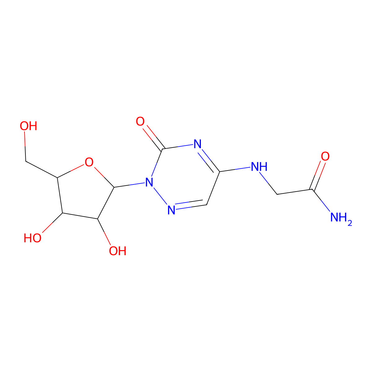 2-((2-((2R,3R,4S,5R)-3,4-dihydroxy-5-(hydroxymethyl)tetrahydrofuran-2-yl)-3-oxo-2,3-dihydro-1,2,4-triazin-5-yl)amino)acetamide molecular structure, CAS 1093860-53-7