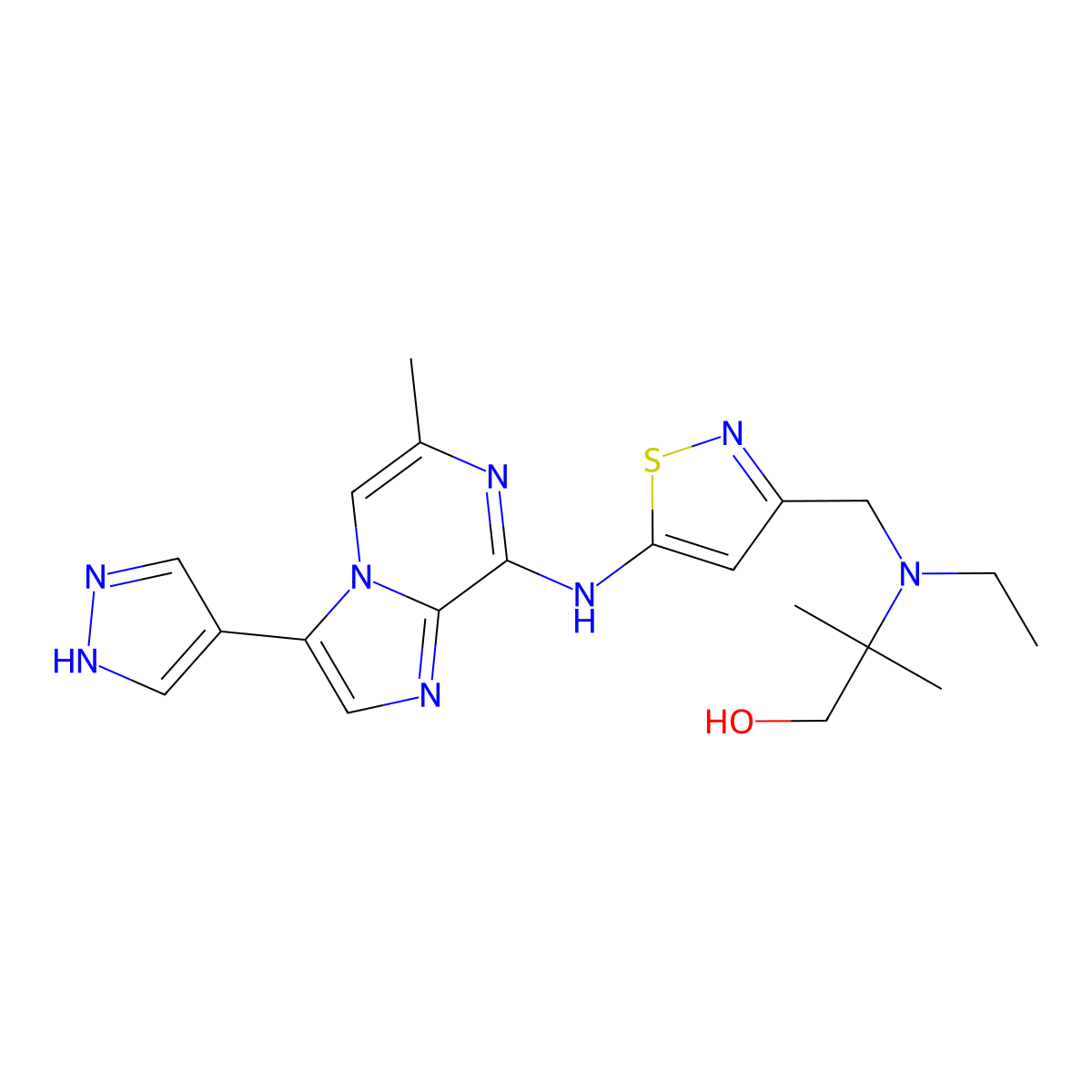 2-(Ethyl((5-((6-methyl-3-(1H-pyrazol-4-yl)imidazo[1,2-a]pyrazin-8-yl)amino)isothiazol-3-yl)methyl)amino)-2-methylpropan-1-ol molecular structure, CAS 1094069-99-4
