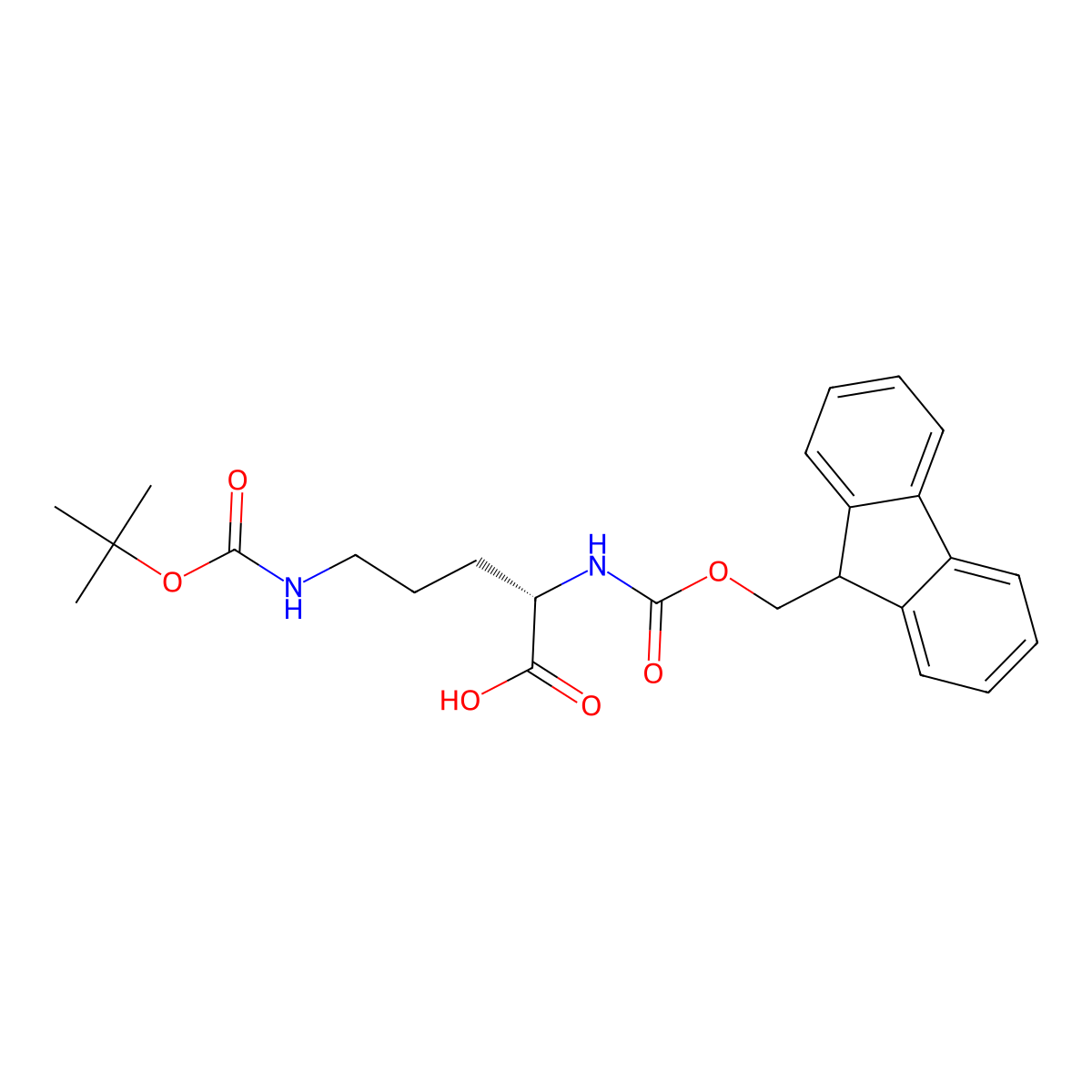 (2S)-5-(((tert-butoxy)carbonyl)amino)-2-((((9H-fluoren-9-yl)methoxy)carbonyl)amino)pentanoic acid molecular structure, CAS 109425-55-0