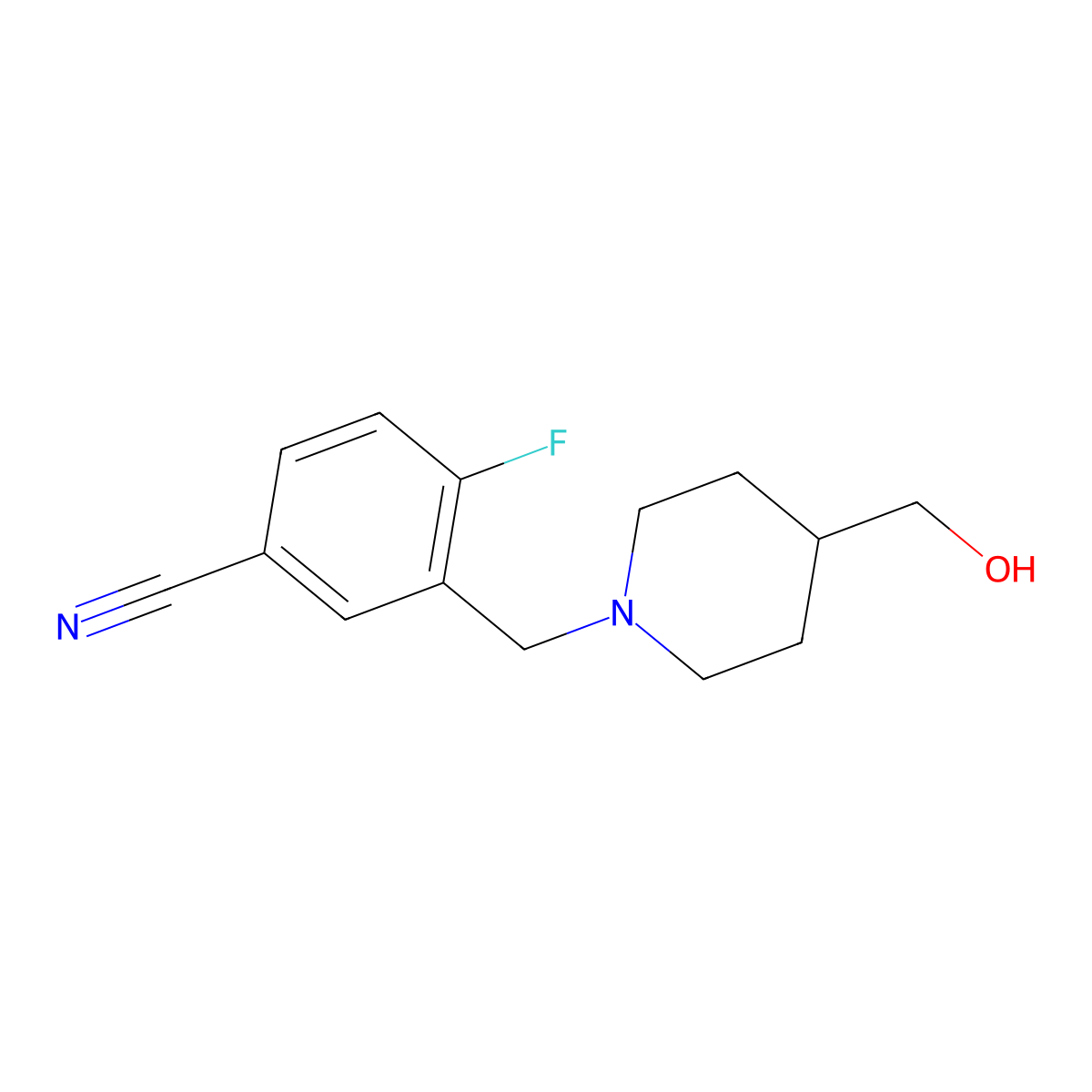 4-Fluoro-3-((4-(hydroxymethyl)piperidin-1-yl)methyl)benzonitrile molecular structure, CAS 1094389-24-8