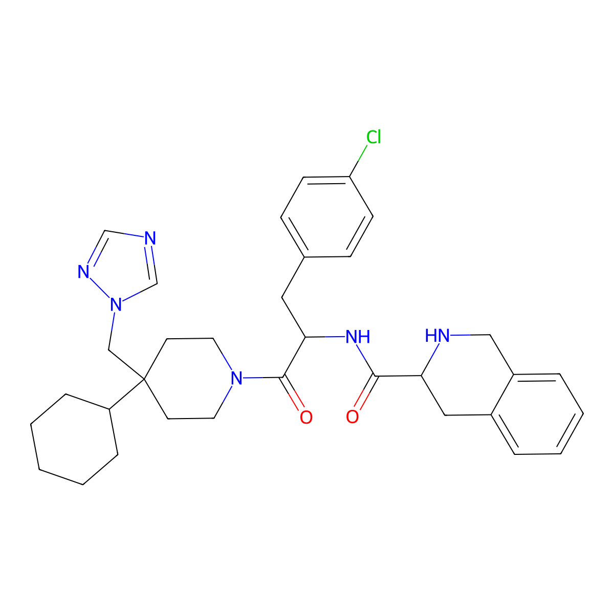 (3R)-N-((1R)-1-((4-Chlorophenyl)methyl)-2-(4-cyclohexyl-4-(1H-1,2,4-triazol-1-ylmethyl)-1-piperidinyl)-2-oxoethyl)-1,2,3,4-tetrahydro-3-isoquinolinecarboxamide molecular structure, CAS 109439-42-1