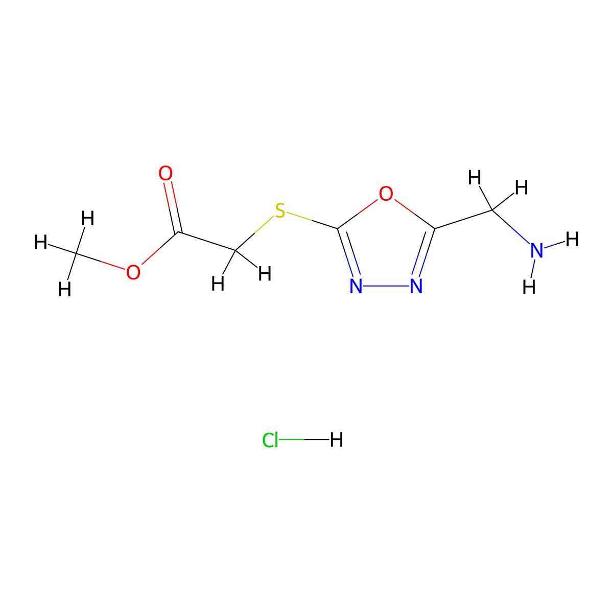 Methyl 2-((5-(aminomethyl)-1,3,4-oxadiazol-2-yl)thio)acetate hydrochloride molecular structure, CAS 1094417-24-9