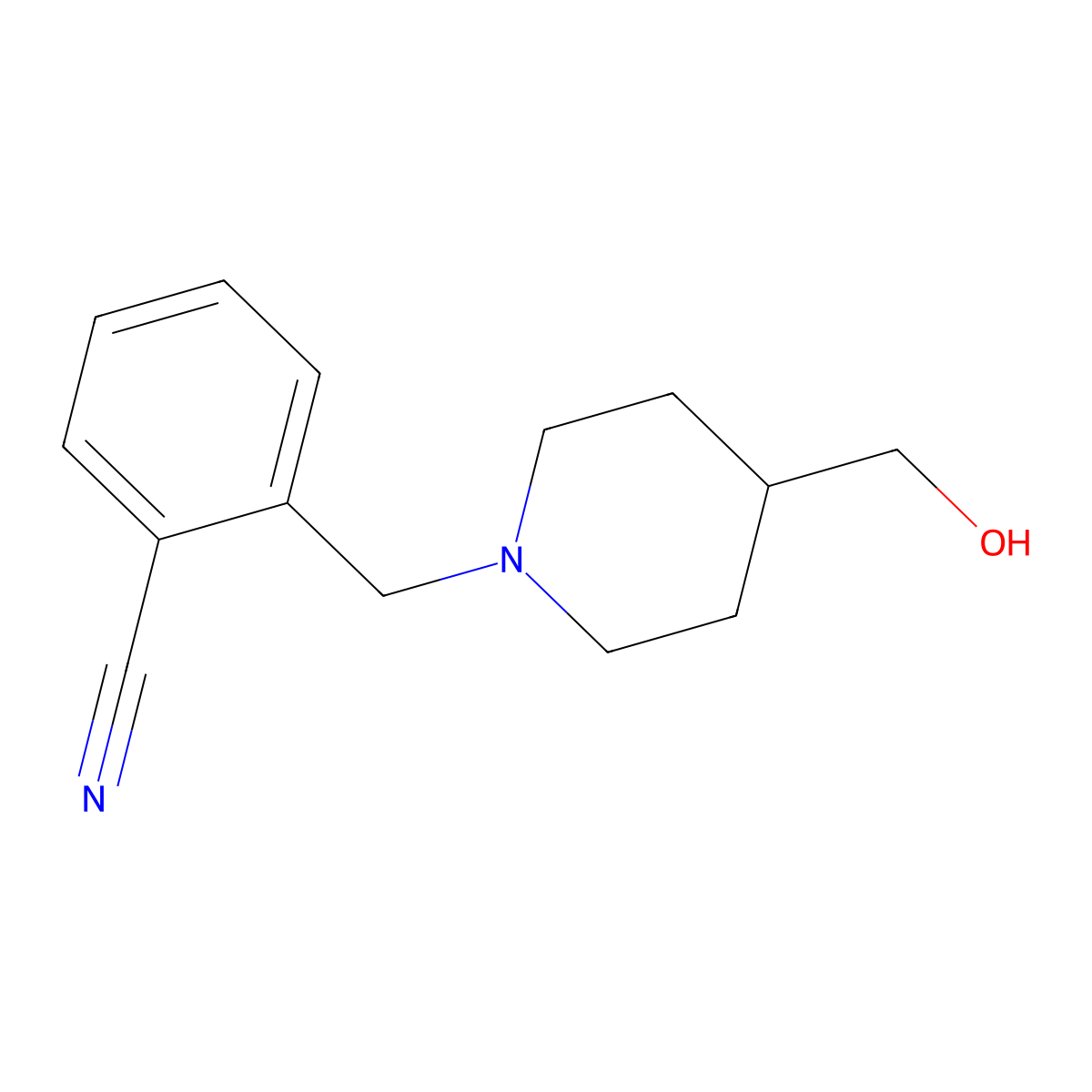 2-((4-(Hydroxymethyl)piperidin-1-yl)methyl)benzonitrile molecular structure, CAS 1094422-86-2