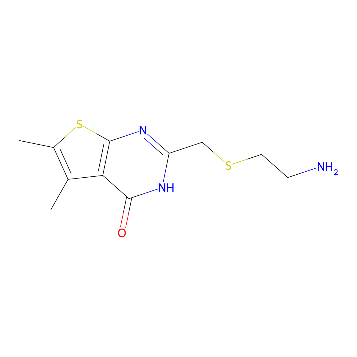 2-(((2-aminoethyl)thio)methyl)-5,6-dimethylthieno[2,3-d]pyrimidin-4(3H)-one molecular structure, CAS 1094431-59-0