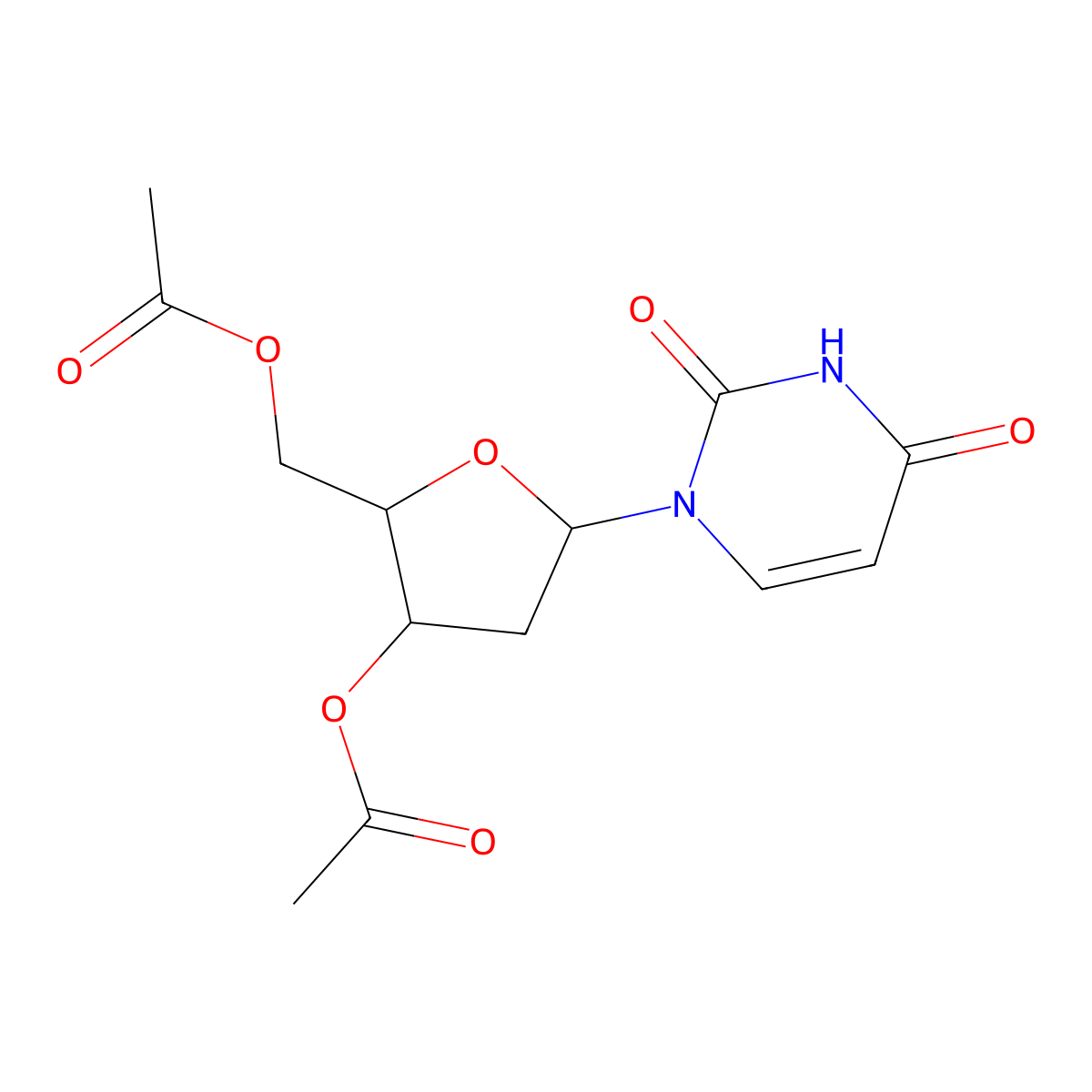 (3-Acetoxy-5-(2,4-dioxo-3,4-dihydropyrimidin-1(2H)-yl)tetrahydrofuran-2-yl)methyl acetate molecular structure, CAS 1094602-18-2