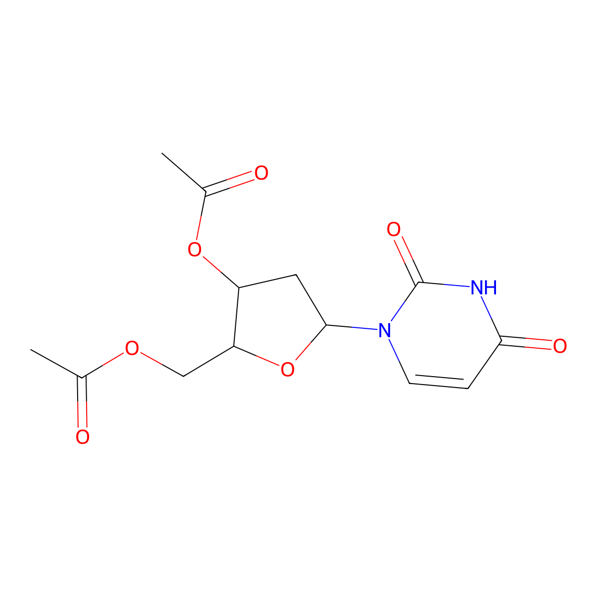 (3-Acetoxy-5-(2,4-dioxo-3,4-dihydropyrimidin-1(2H)-yl)tetrahydrofuran-2-yl)methyl acetate molecular structure, CAS 1094602-18-2