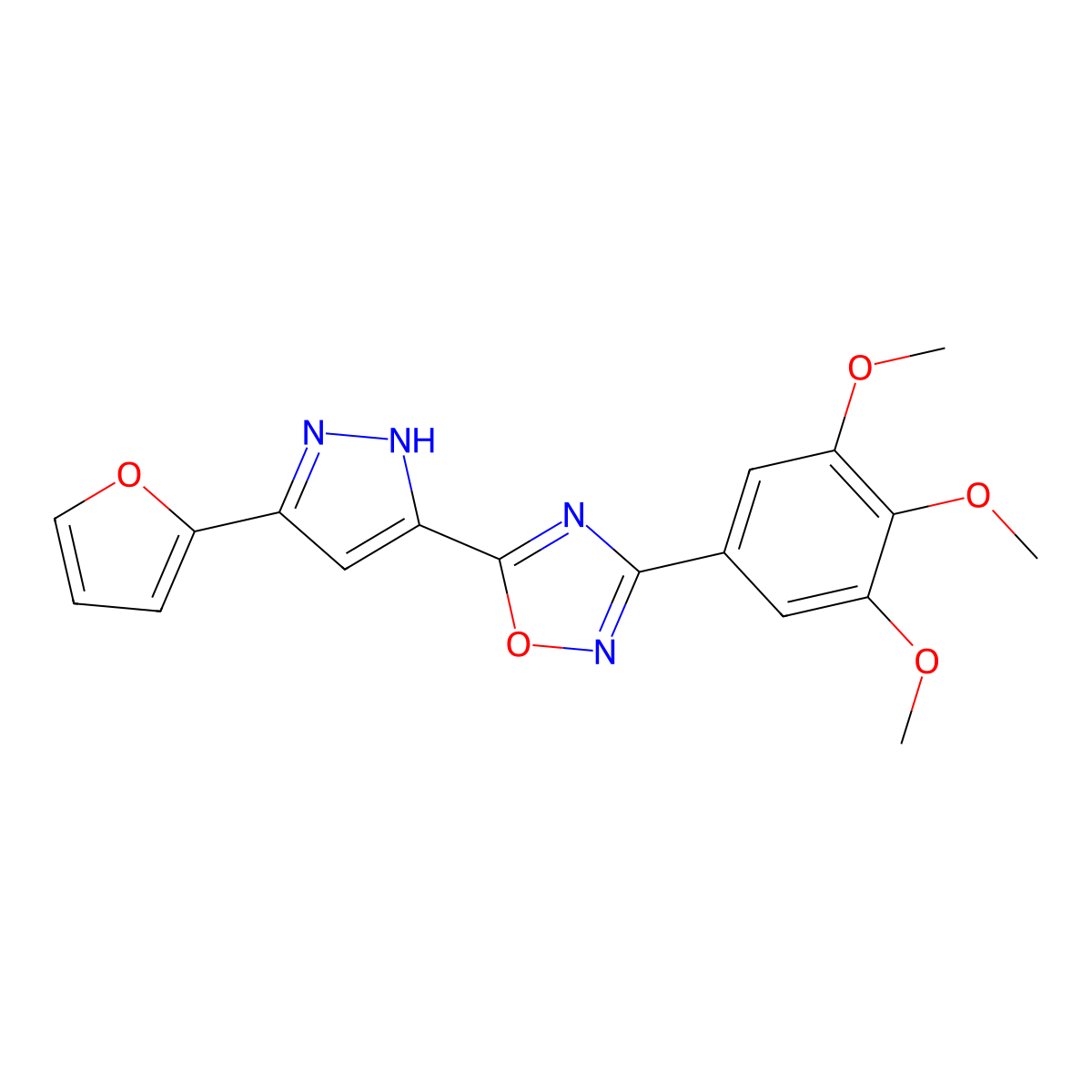 5-(3-(furan-2-yl)-1H-pyrazol-5-yl)-3-(3,4,5-trimethoxyphenyl)-1,2,4-oxadiazole molecular structure, CAS 1094605-77-2