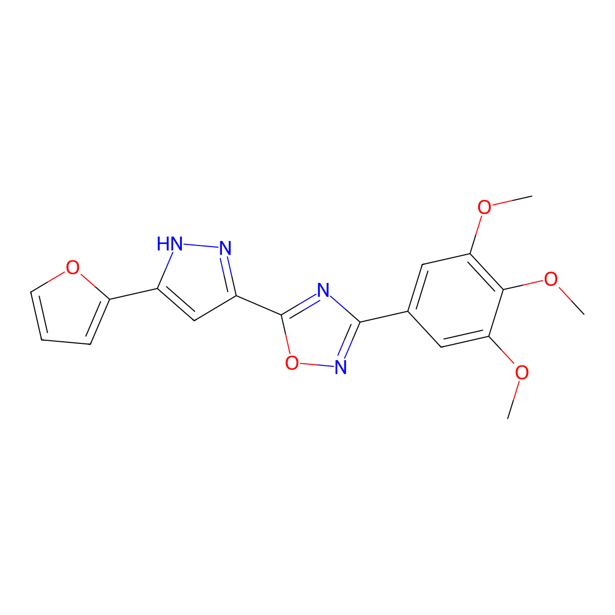 5-(3-(furan-2-yl)-1H-pyrazol-5-yl)-3-(3,4,5-trimethoxyphenyl)-1,2,4-oxadiazole molecular structure, CAS 1094605-77-2