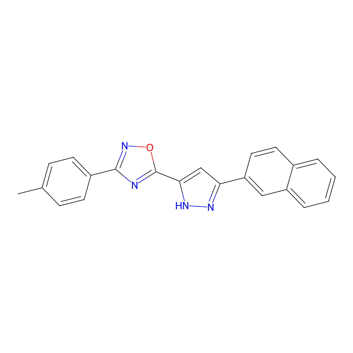 3-(4-methylphenyl)-5-[3-(naphthalen-2-yl)-1H-pyrazol-5-yl]-1,2,4-oxadiazole molecular structure, CAS 1094605-82-9