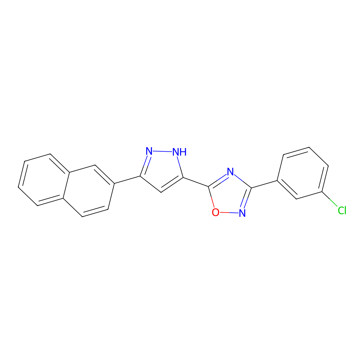 3-(3-chlorophenyl)-5-[3-(naphthalen-2-yl)-1H-pyrazol-5-yl]-1,2,4-oxadiazole molecular structure, CAS 1094605-83-0