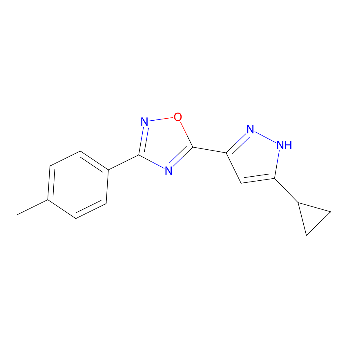 5-(3-cyclopropyl-1H-pyrazol-5-yl)-3-(p-tolyl)-1,2,4-oxadiazole molecular structure, CAS 1094606-21-9