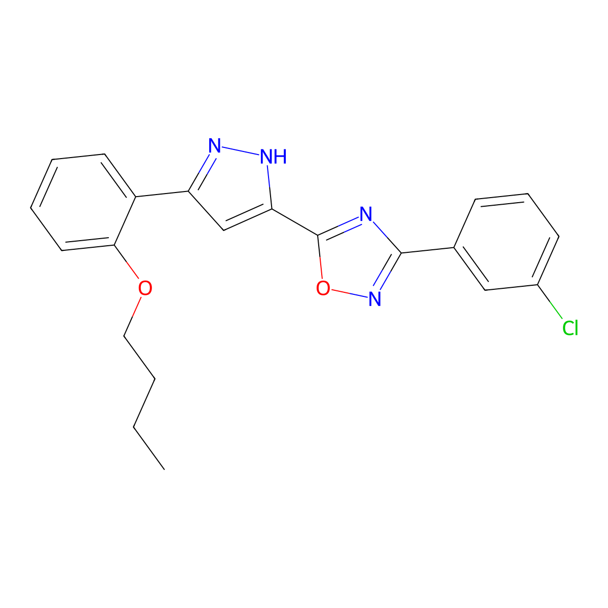 5-[3-(2-butoxyphenyl)-1H-pyrazol-5-yl]-3-(3-chlorophenyl)-1,2,4-oxadiazole molecular structure, CAS 1094606-47-9
