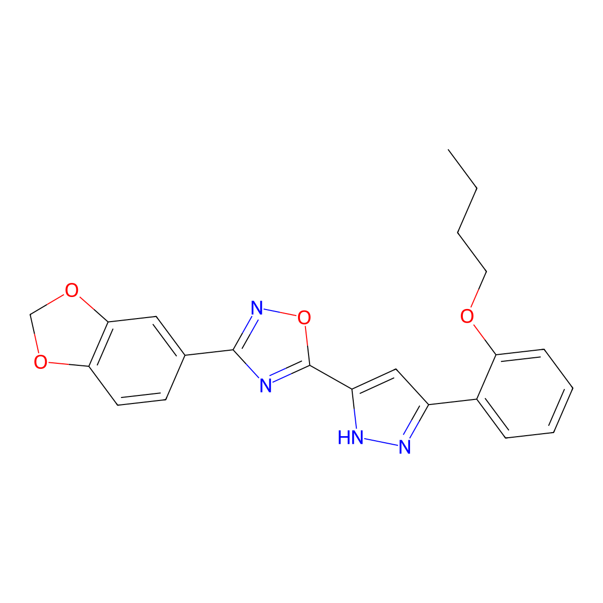 3-(2H-1,3-benzodioxol-5-yl)-5-[3-(2-butoxyphenyl)-1H-pyrazol-5-yl]-1,2,4-oxadiazole molecular structure, CAS 1094606-48-0