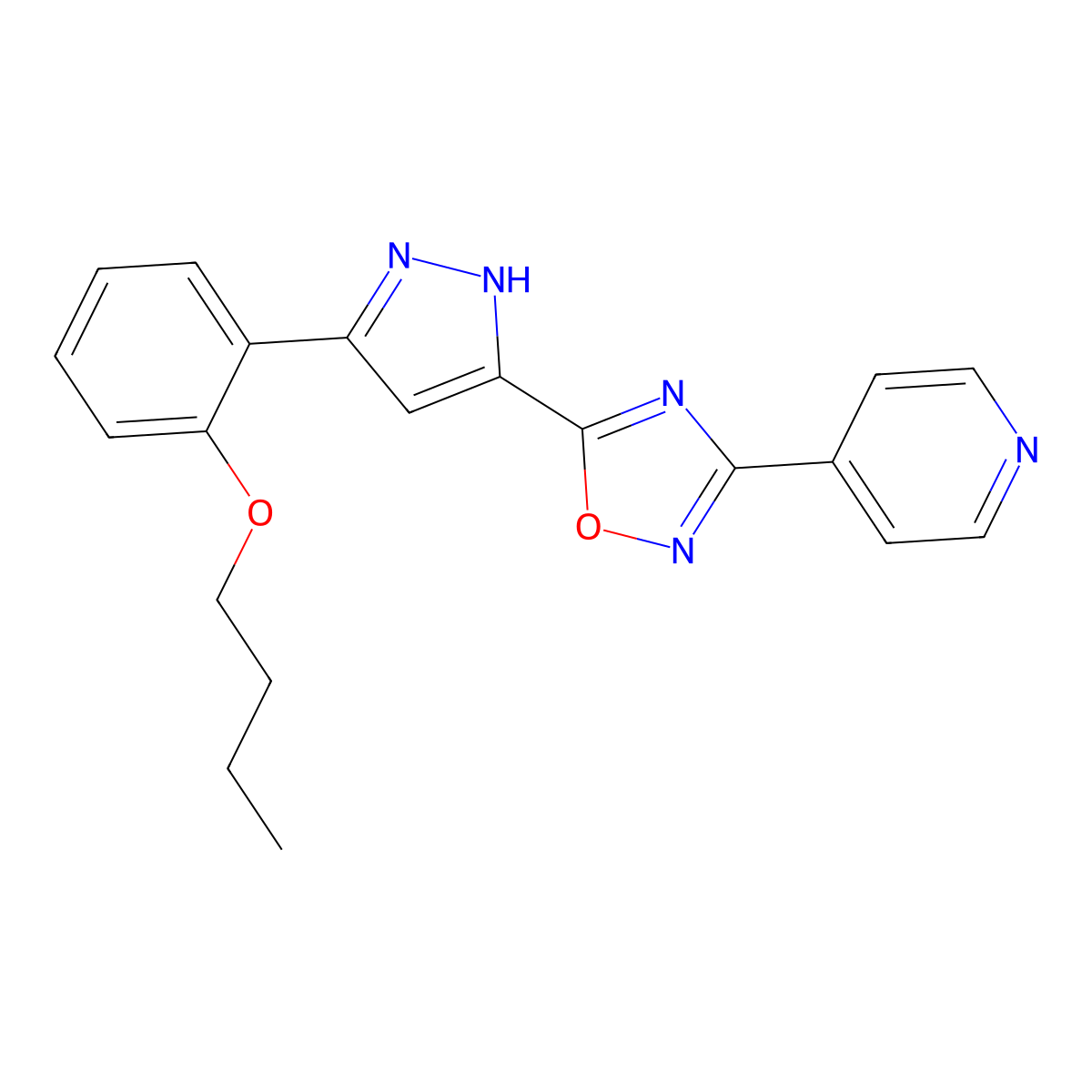 5-(3-(2-butoxyphenyl)-1H-pyrazol-5-yl)-3-(pyridin-4-yl)-1,2,4-oxadiazole molecular structure, CAS 1094606-49-1