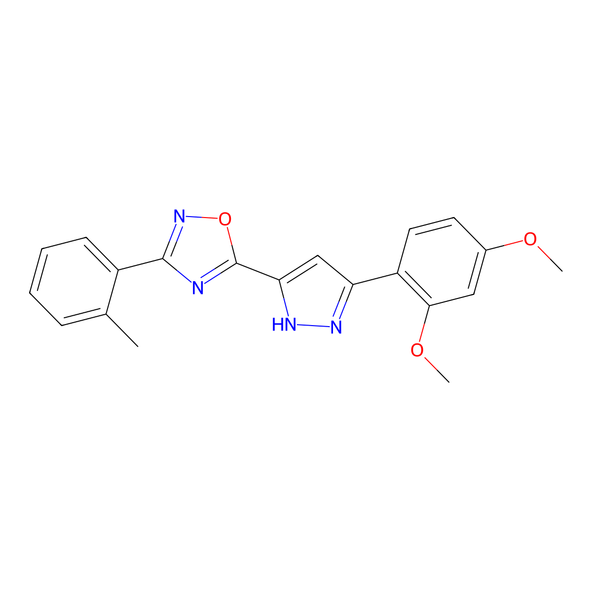 5-[3-(2,4-dimethoxyphenyl)-1H-pyrazol-5-yl]-3-(2-methylphenyl)-1,2,4-oxadiazole molecular structure, CAS 1094606-98-0