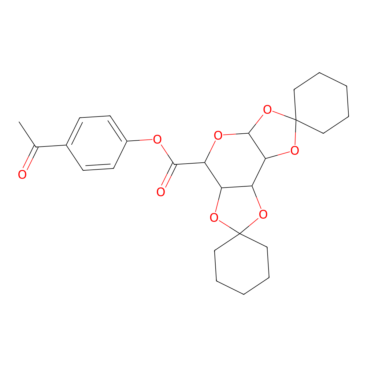4-acetylphenyl tetrahydro-3a'H-dispiro[cyclohexane-1,2'-bis[1,3]dioxolo[4,5-b:4',5'-d]pyran-7',1''-cyclohexane]-5'-carboxylate (non-preferred name) molecular structure, CAS 1094683-78-9