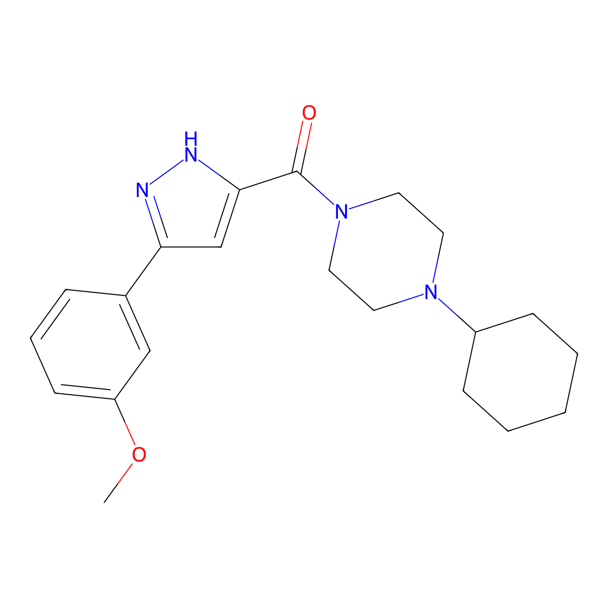 (4-cyclohexylpiperazin-1-yl)(5-(3-methoxyphenyl)-1H-pyrazol-3-yl)methanone molecular structure, CAS 1094754-62-7