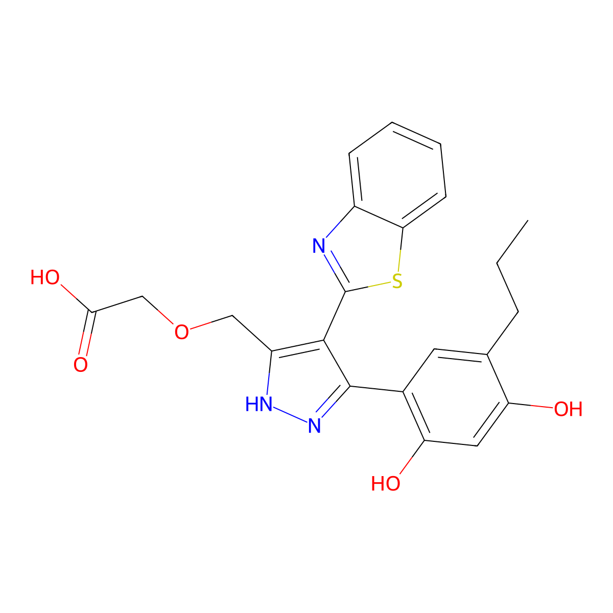 2-((4-(benzo[d]thiazol-2-yl)-3-(2,4-dihydroxy-5-propylphenyl)-1H-pyrazol-5-yl)methoxy)acetic acid molecular structure, CAS 1095077-76-1