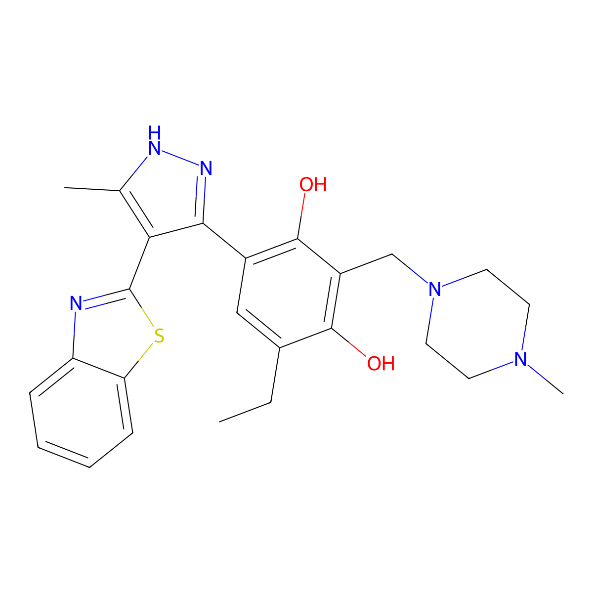 4-[4-(1,3-benzothiazol-2-yl)-5-methyl-1H-pyrazol-3-yl]-6-ethyl-2-[(4-methylpiperazin-1-yl)methyl]benzene-1,3-diol molecular structure, CAS 1095077-98-7