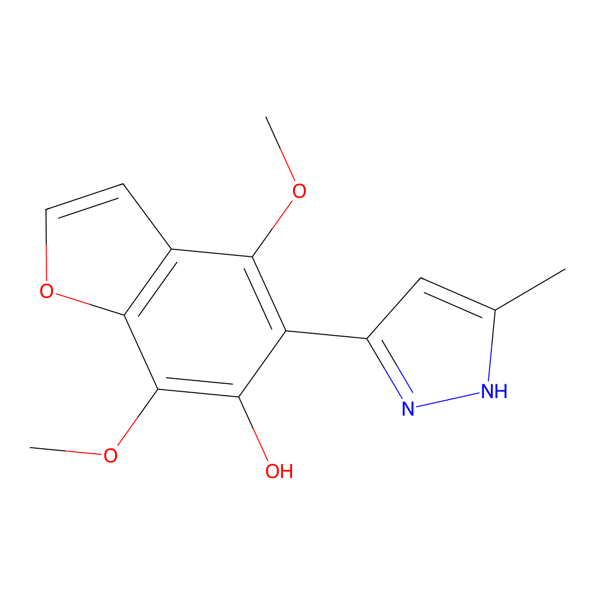 4,7-dimethoxy-5-(3-methyl-1H-pyrazol-5-yl)-1-benzofuran-6-ol molecular structure, CAS 109508-83-0