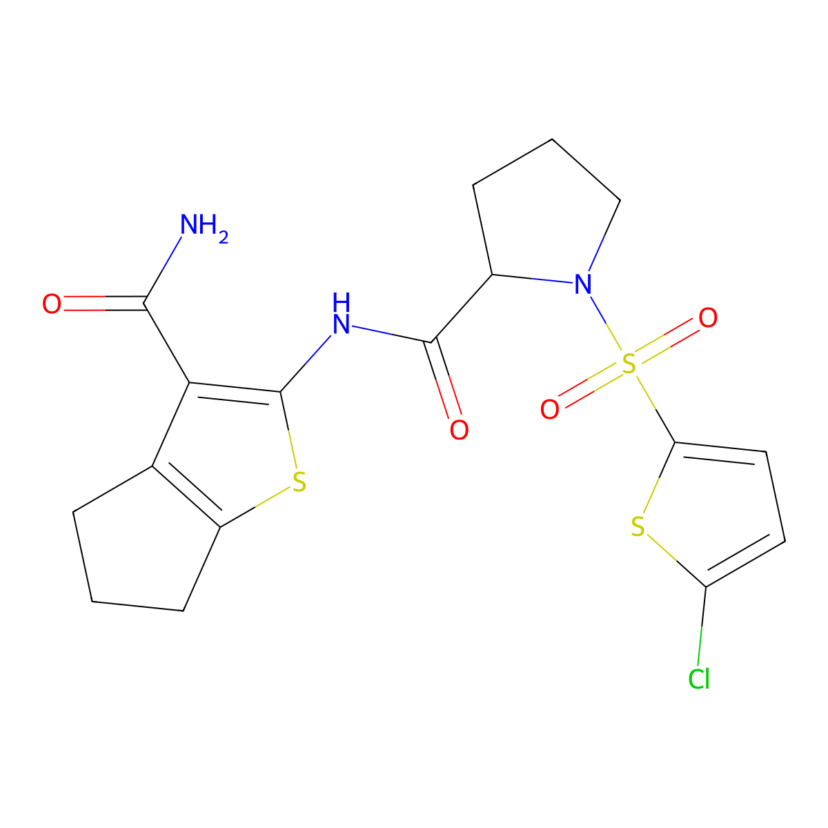 N-(3-carbamoyl-5,6-dihydro-4H-cyclopenta[b]thiophen-2-yl)-1-((5-chlorothiophen-2-yl)sulfonyl)pyrrolidine-2-carboxamide molecular structure, CAS 1095323-05-9