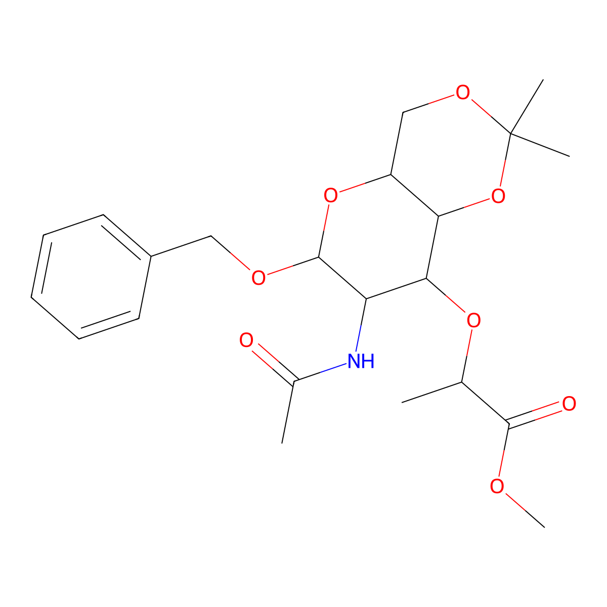 Methyl 2-((7-acetamido-6-(benzyloxy)-2,2-dimethylhexahydropyrano[3,2-d][1,3]dioxin-8-yl)oxy)propanoate molecular structure, CAS 1095323-62-8
