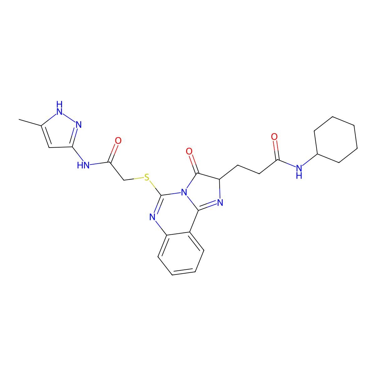 N-cyclohexyl-3-[5-({[(3-methyl-1H-pyrazol-5-yl)carbamoyl]methyl}sulfanyl)-3-oxo-2H,3H-imidazo[1,2-c]quinazolin-2-yl]propanamide molecular structure, CAS 1095327-26-6