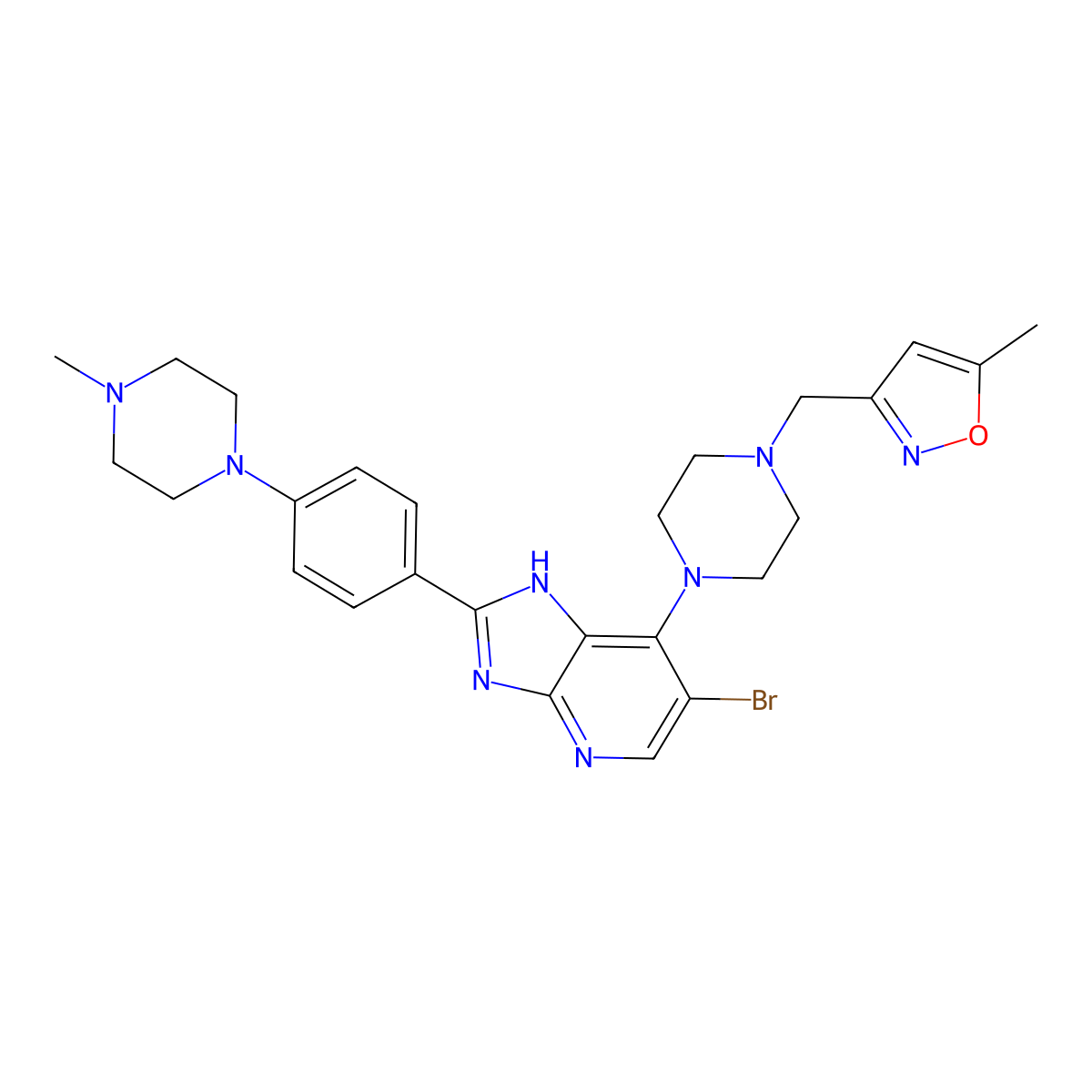 3-((4-(6-bromo-2-(4-(4-methylpiperazin-1-yl)phenyl)-3H-imidazo(4,5-b)pyridin-7-yl)piperazin-1-yl)methyl)-5-methylisoxazole molecular structure, CAS 1095382-05-0