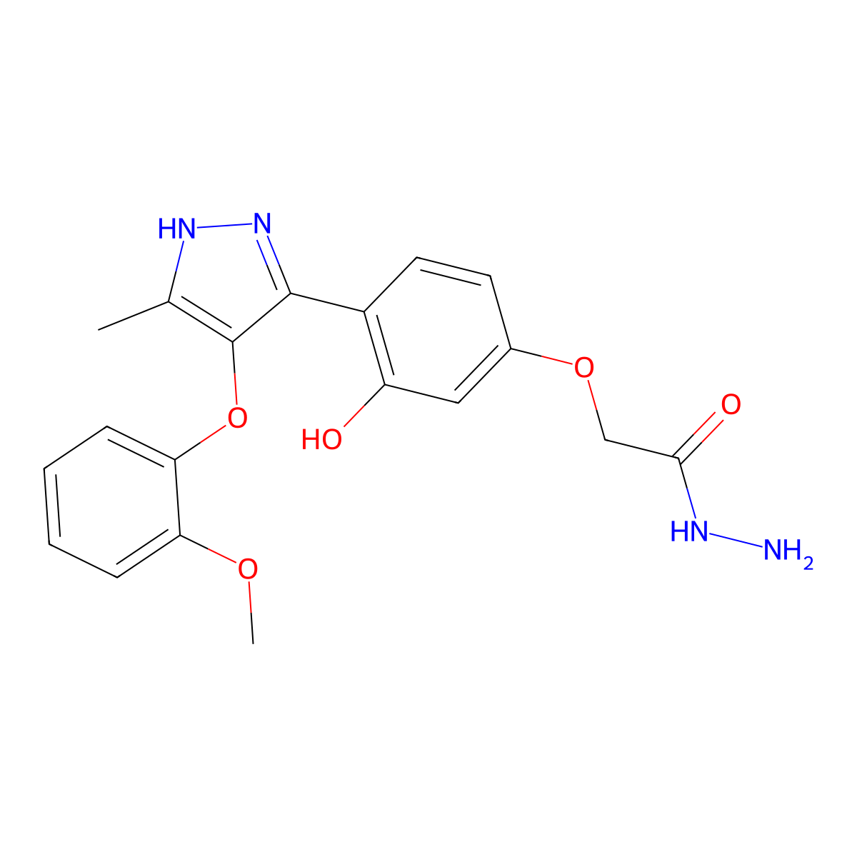 2-(3-hydroxy-4-(4-(2-methoxyphenoxy)-5-methyl-1H-pyrazol-3-yl)phenoxy)acetohydrazide molecular structure, CAS 1095445-20-7