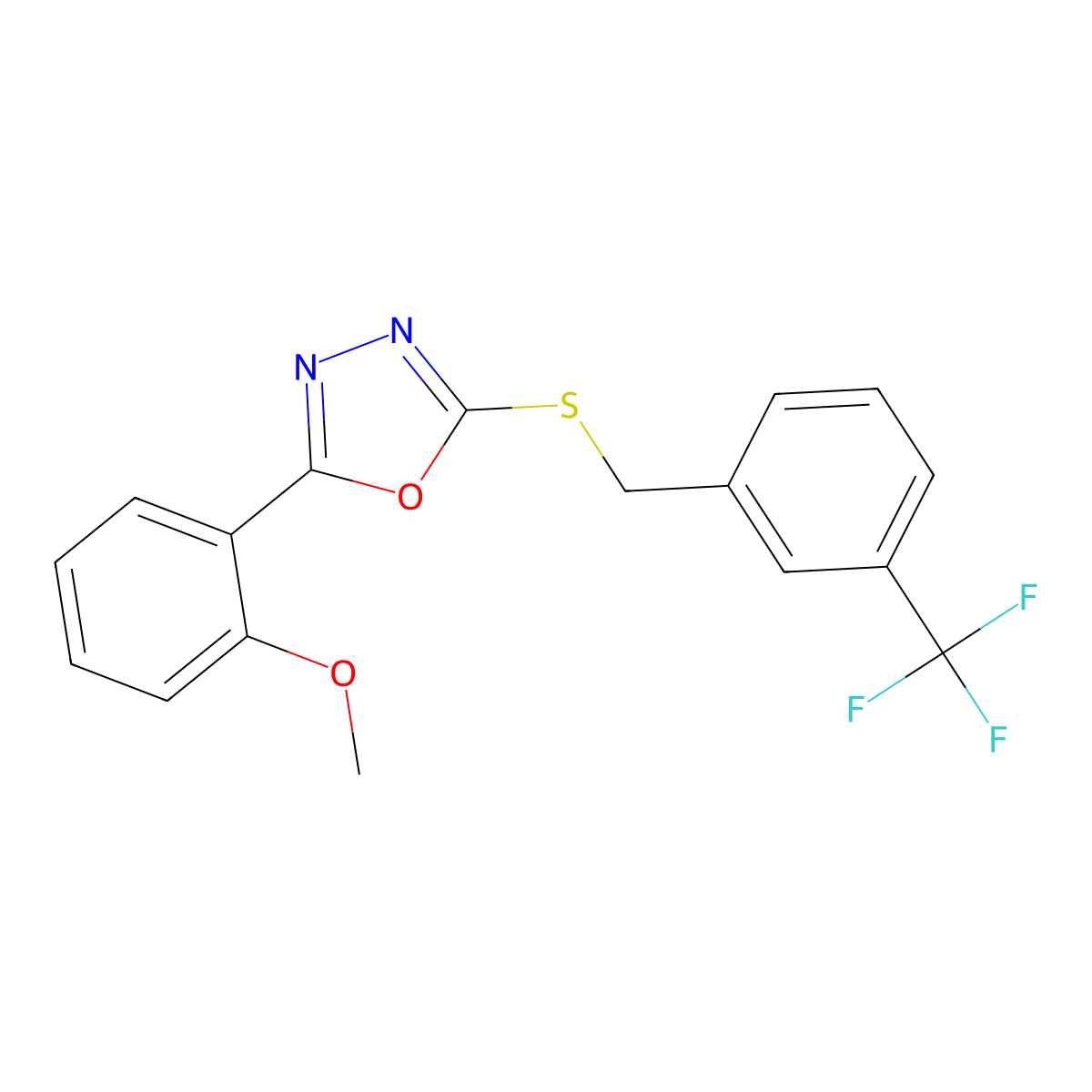 2-(2-Methoxyphenyl)-5-((3-(trifluoromethyl)benzyl)thio)-1,3,4-oxadiazole molecular structure, CAS 1095475-06-1