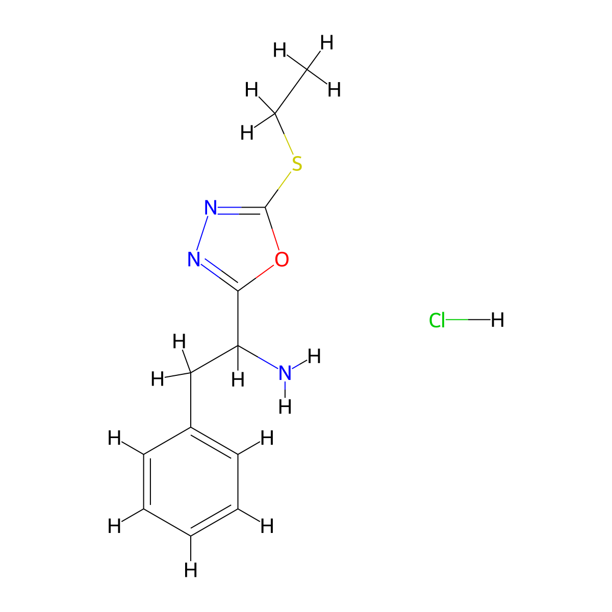 1-(5-Ethylsulfanyl-[1,3,4]oxadiazol-2-YL)-2-phenyl-ethylamine hydrochloride molecular structure, CAS 1095490-69-9