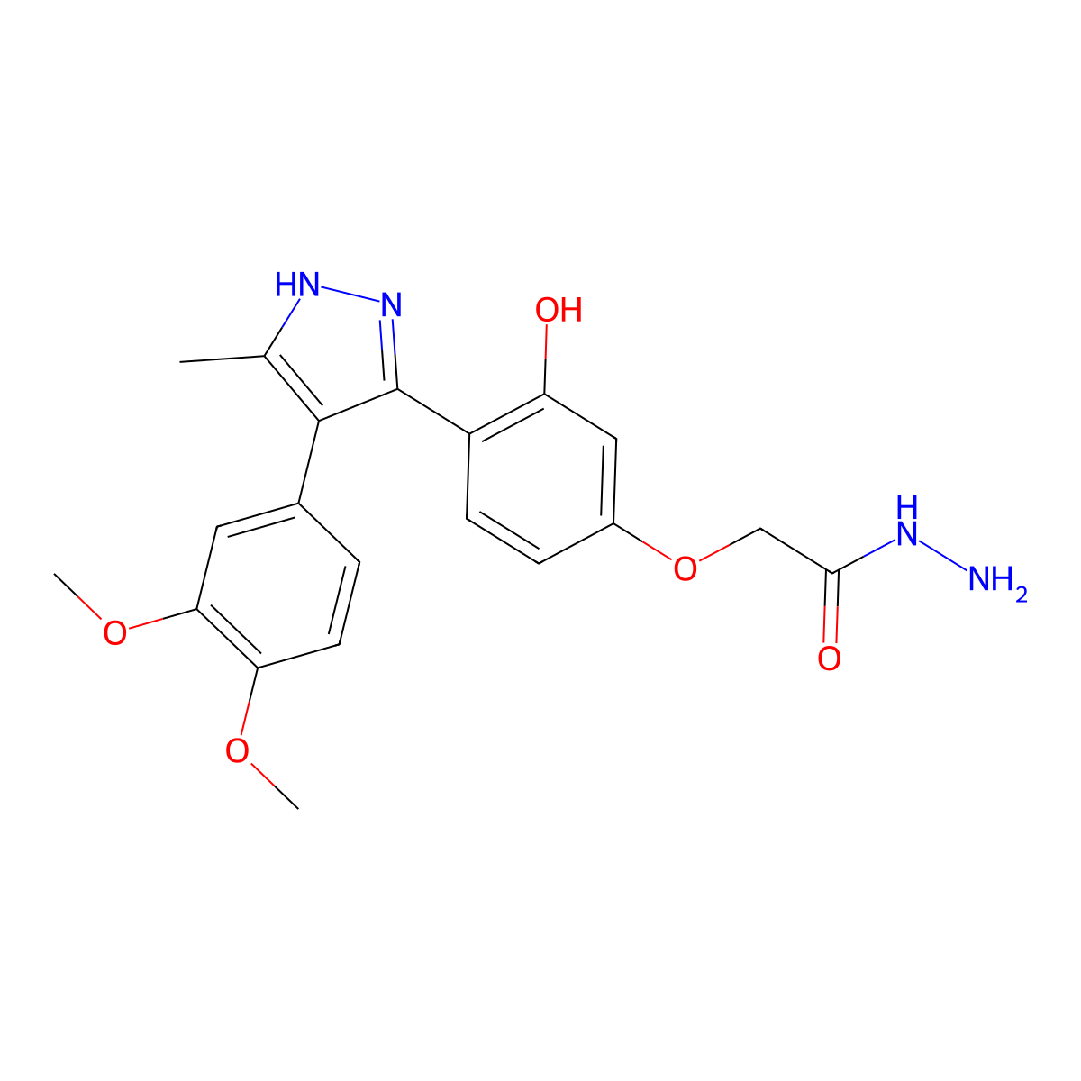 2-(4-(4-(3,4-dimethoxyphenyl)-5-methyl-1H-pyrazol-3-yl)-3-hydroxyphenoxy)acetohydrazide molecular structure, CAS 1095524-58-5