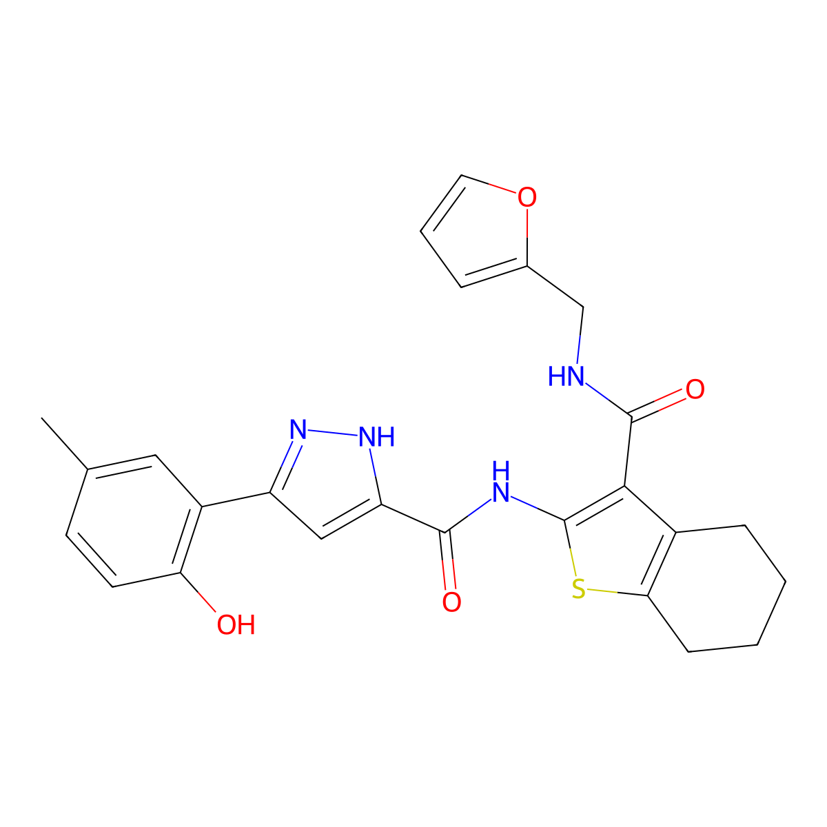 N-{3-[(furan-2-ylmethyl)carbamoyl]-4,5,6,7-tetrahydro-1-benzothiophen-2-yl}-5-(2-hydroxy-5-methylphenyl)-1H-pyrazole-3-carboxamide molecular structure, CAS 1095764-72-9