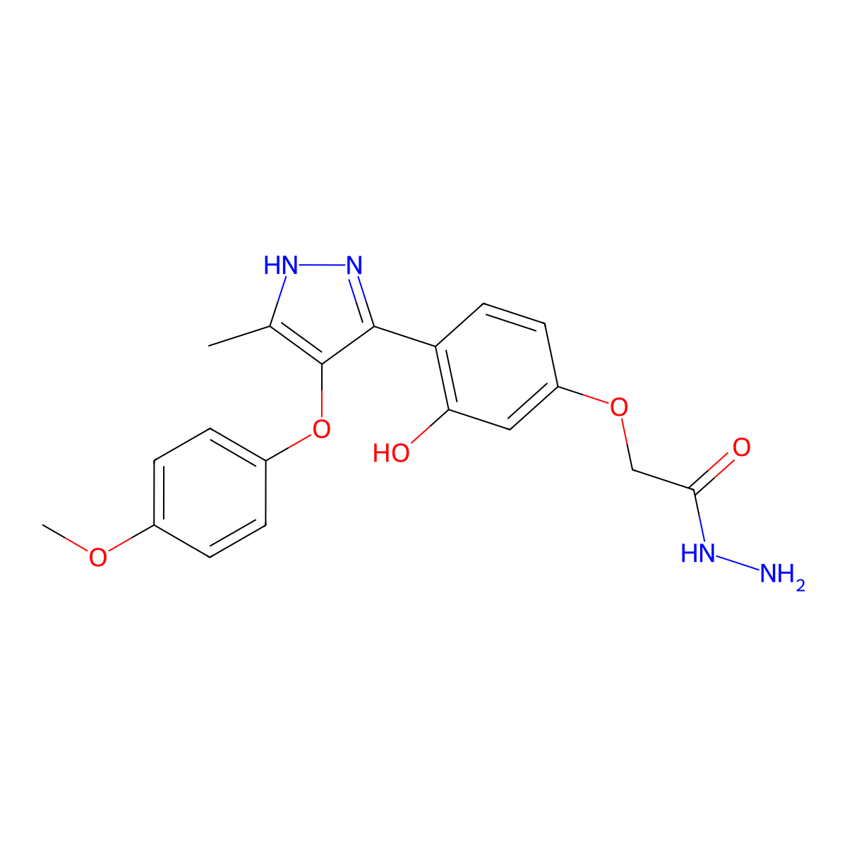 2-(3-hydroxy-4-(4-(4-methoxyphenoxy)-5-methyl-1H-pyrazol-3-yl)phenoxy)acetohydrazide molecular structure, CAS 1095771-27-9