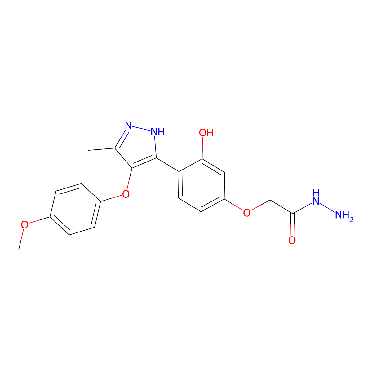 2-(3-hydroxy-4-(4-(4-methoxyphenoxy)-5-methyl-1H-pyrazol-3-yl)phenoxy)acetohydrazide molecular structure, CAS 1095771-27-9