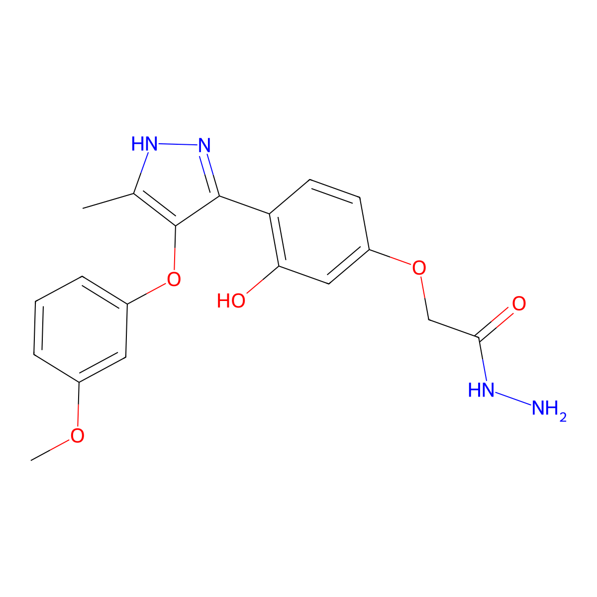 2-(3-hydroxy-4-(4-(3-methoxyphenoxy)-5-methyl-1H-pyrazol-3-yl)phenoxy)acetohydrazide molecular structure, CAS 1095771-45-1