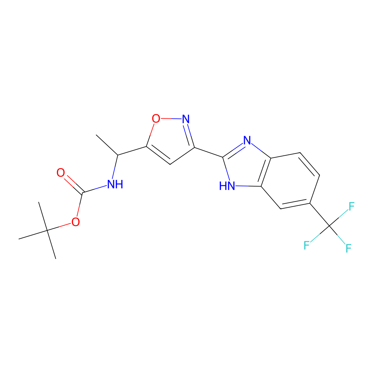 (R)-tert-Butyl(1-(3-(6-(trifluoromethyl)-1H-benzo[d]imidazol-2-yl)isoxazol-5-yl)ethyl)carbamate molecular structure, CAS 1095824-21-7