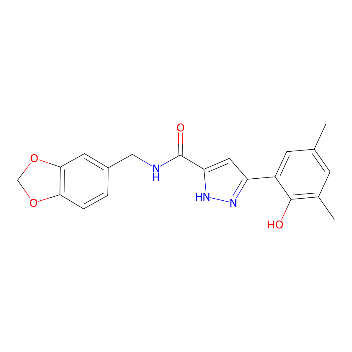 N-(1,3-benzodioxol-5-ylmethyl)-3-(2-hydroxy-3,5-dimethylphenyl)-1H-pyrazole-5-carboxamide molecular structure, CAS 1095859-13-4