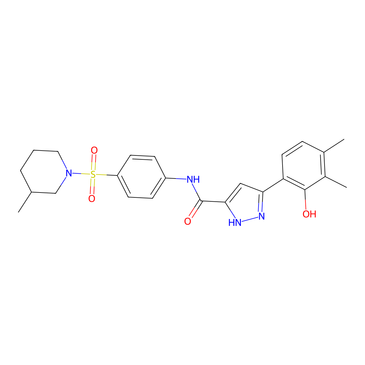 5-(2-hydroxy-3,4-dimethylphenyl)-N-{4-[(3-methylpiperidin-1-yl)sulfonyl]phenyl}-1H-pyrazole-3-carboxamide molecular structure, CAS 1095911-36-6