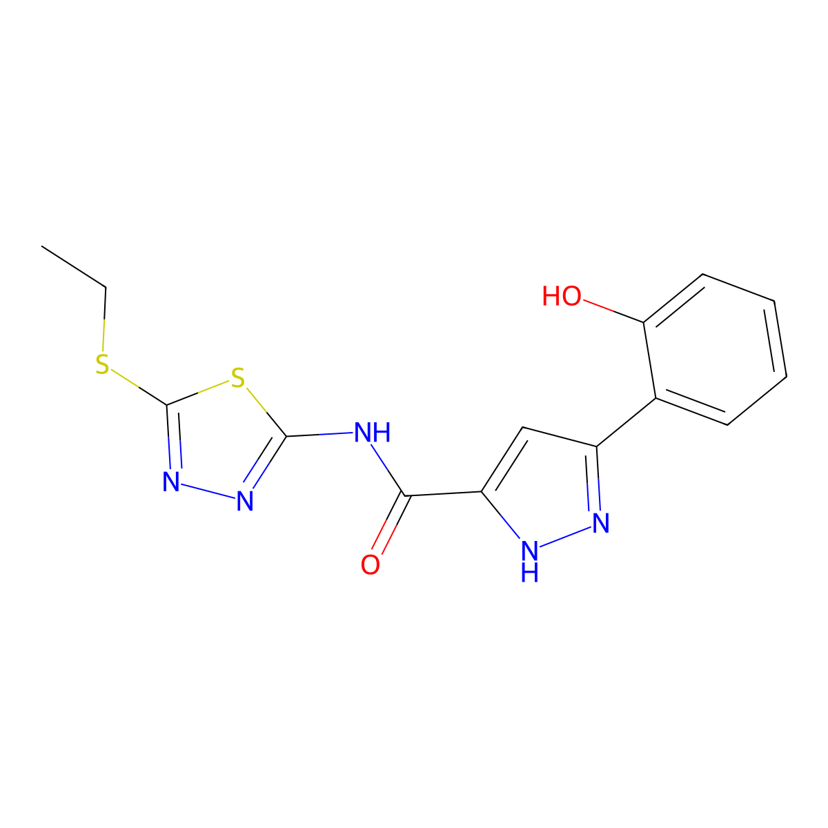 N-[5-(ethylsulfanyl)-1,3,4-thiadiazol-2-yl]-3-(2-hydroxyphenyl)-1H-pyrazole-5-carboxamide molecular structure, CAS 1095912-49-4