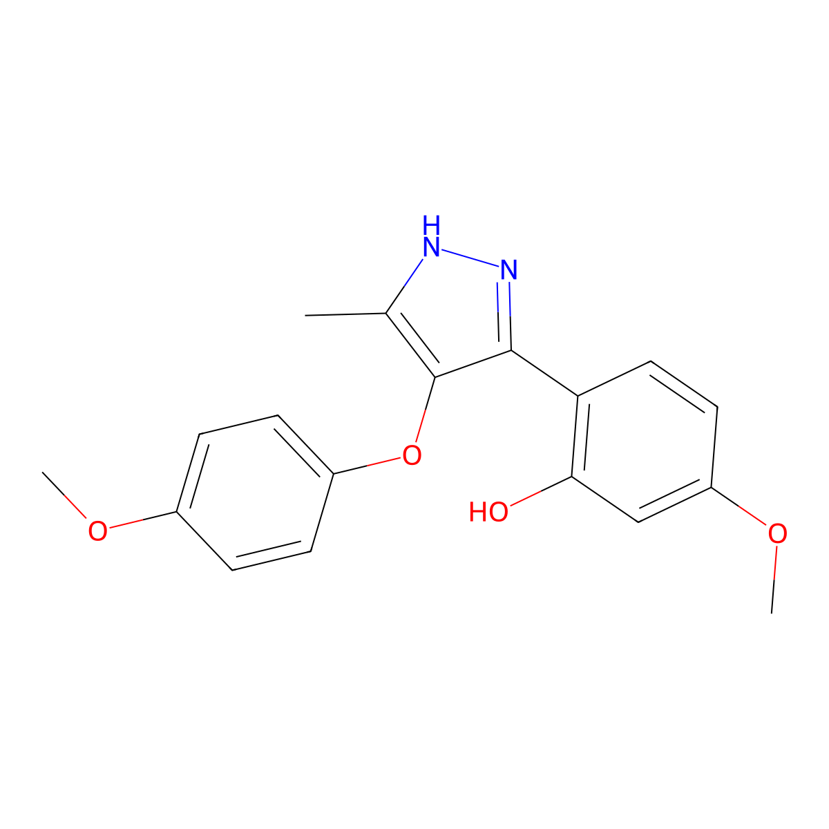 5-methoxy-2-(4-(4-methoxyphenoxy)-5-methyl-1H-pyrazol-3-yl)phenol molecular structure, CAS 1095913-11-3